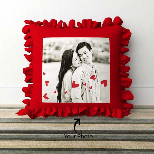 Red Square Shaped Frill Cushion With Personalized Photo